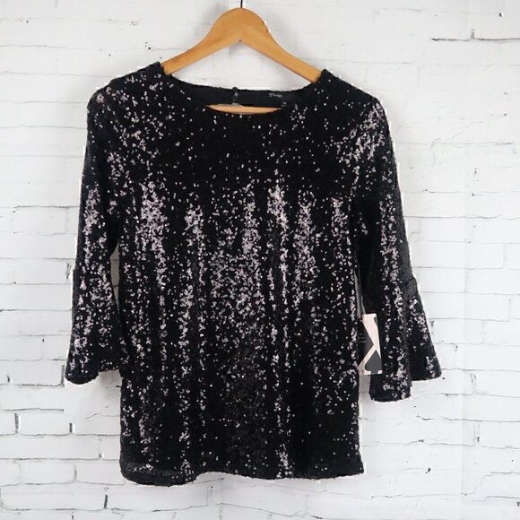 GIBSON X GLAM BLACK ROUND NECK BELL SLEEVE KEYHOLE BACK SEQUIN TOP SIZE XS NWT - Picture 1 of 13